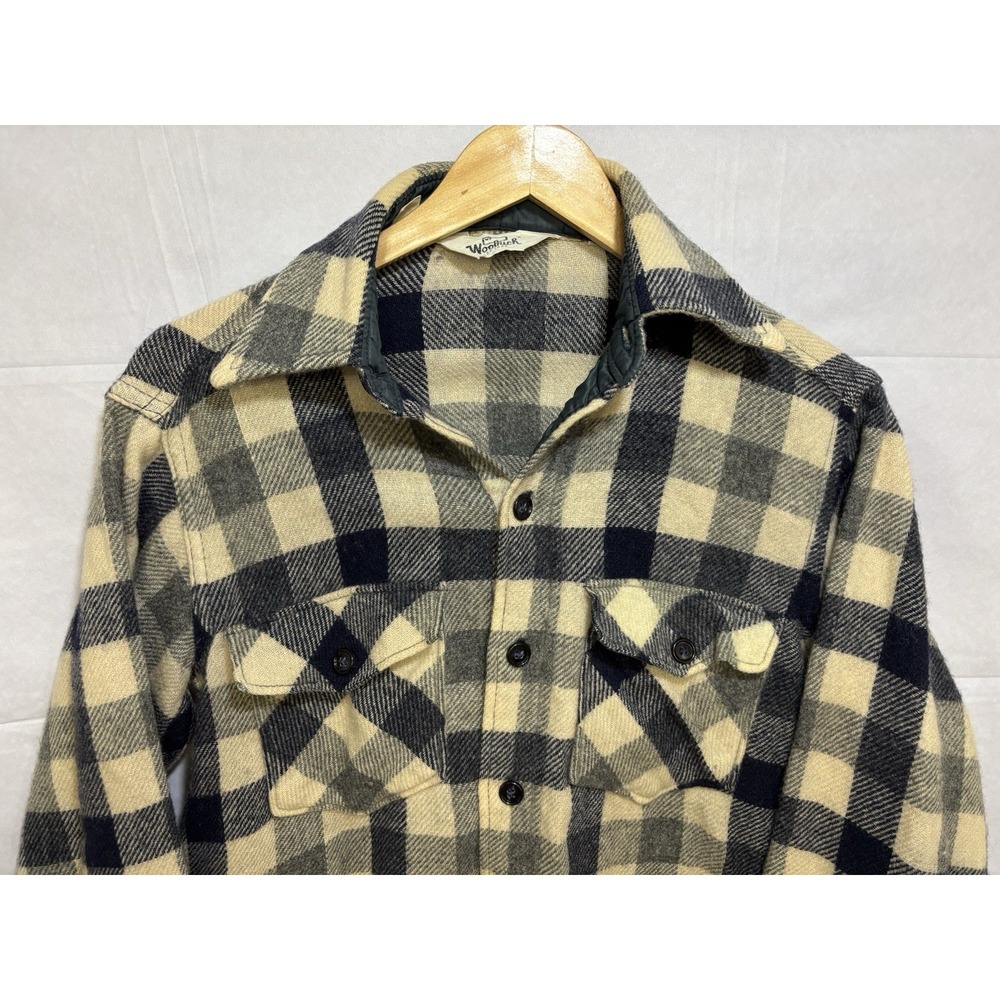 Woolrich Wool Hunting Shirt Plaid Buffalo Mackinaw Size Large Ivory Blue Vintage